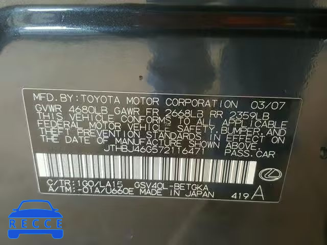 2007 LEXUS ES350 JTHBJ46G572116471 image 9