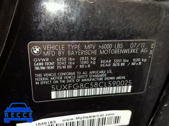 2012 BMW X6 XDRIVE5 5UXFG8C58CL590025 image 9