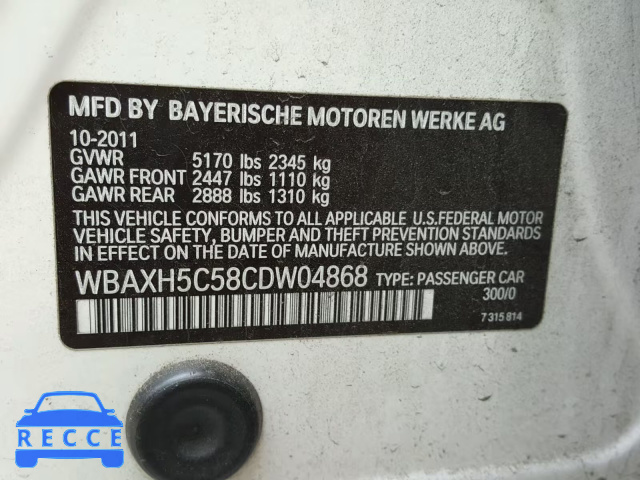 2012 BMW 528 XI WBAXH5C58CDW04868 зображення 9
