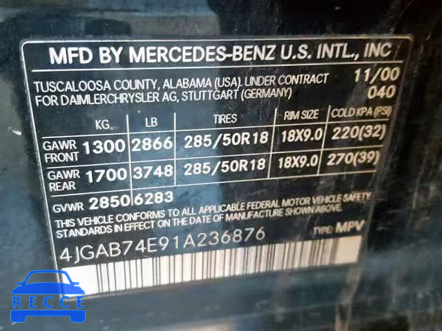 2001 MERCEDES-BENZ ML 55 4JGAB74E91A236876 image 9
