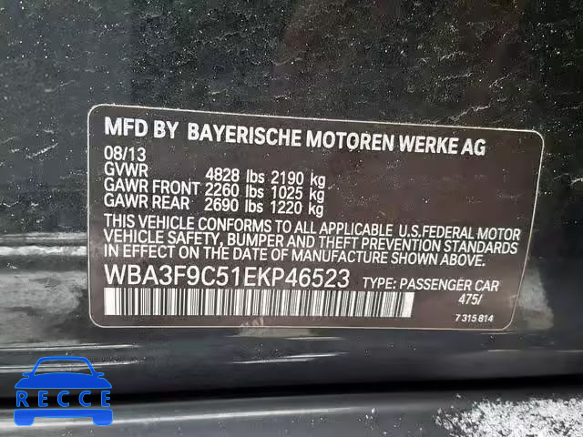 2014 BMW ACTIVEHYBR WBA3F9C51EKP46523 зображення 9