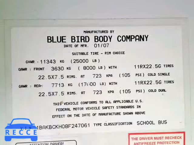 2008 BLUE BIRD SCHOOL BUS 1BAKBCKH08F247061 зображення 9
