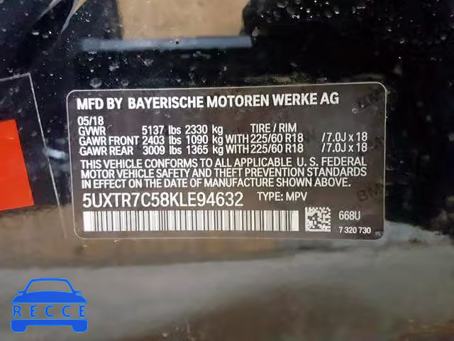 2019 BMW X3 SDRIVE3 5UXTR7C58KLE94632 зображення 9
