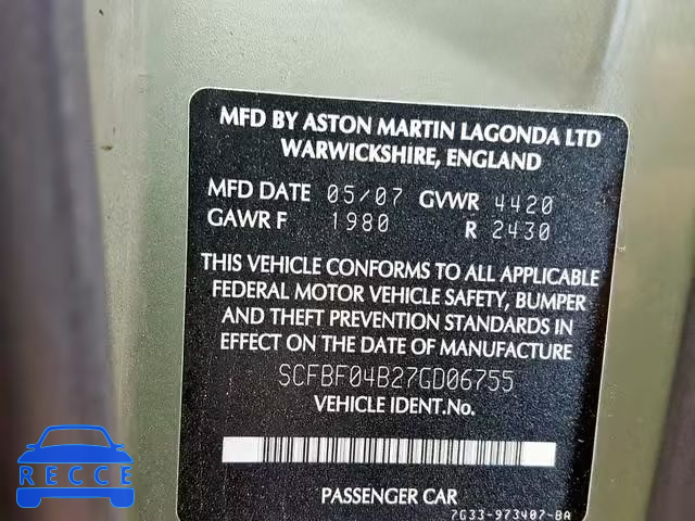 2007 ASTON MARTIN V8 VANTAGE SCFBF04B27GD06755 image 9