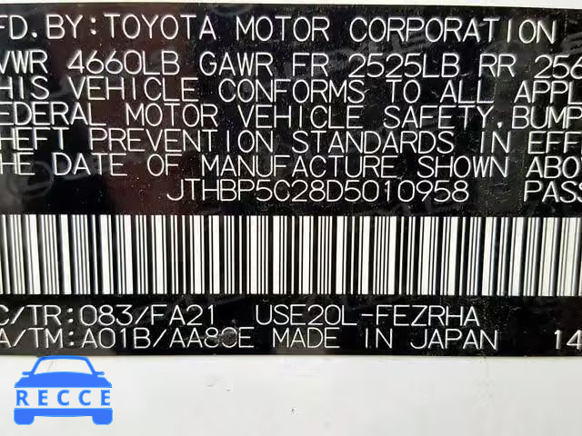 2013 LEXUS IS F JTHBP5C28D5010958 Bild 9