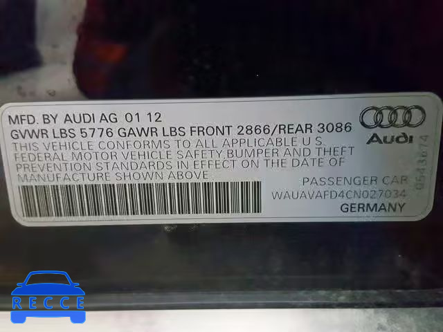 2012 AUDI A8 QUATTRO WAUAVAFD4CN027034 зображення 9
