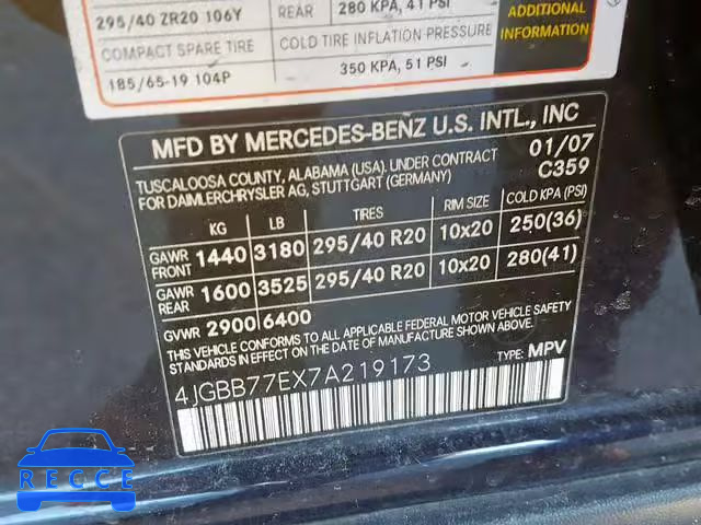 2007 MERCEDES-BENZ ML 63 AMG 4JGBB77EX7A219173 Bild 9