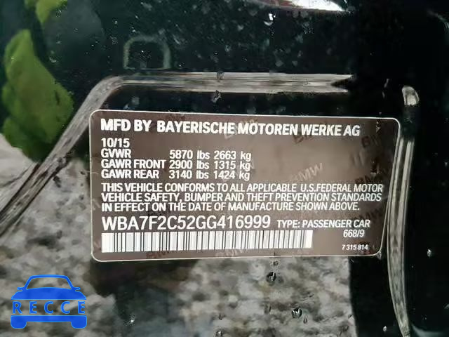 2016 BMW 750 XI WBA7F2C52GG416999 зображення 9