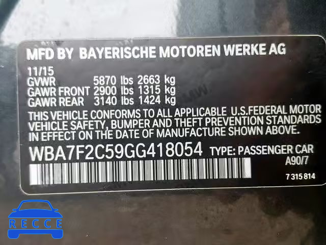 2016 BMW 750 XI WBA7F2C59GG418054 image 9