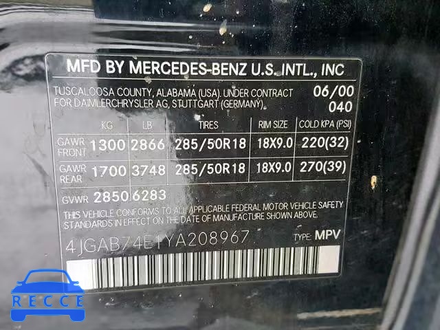 2000 MERCEDES-BENZ ML 55 4JGAB74E1YA208967 зображення 9
