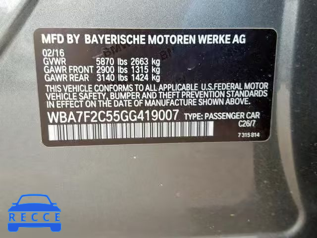 2016 BMW 750 XI WBA7F2C55GG419007 image 9