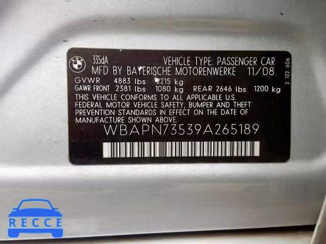 2009 BMW 335 D WBAPN73539A265189 зображення 9