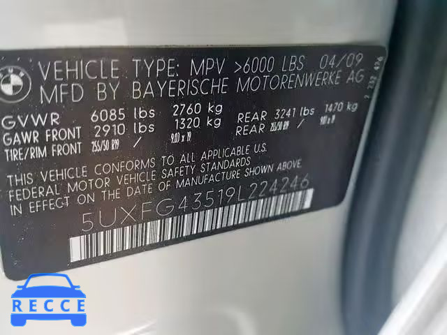 2009 BMW X6 XDRIVE3 5UXFG43519L224246 image 9