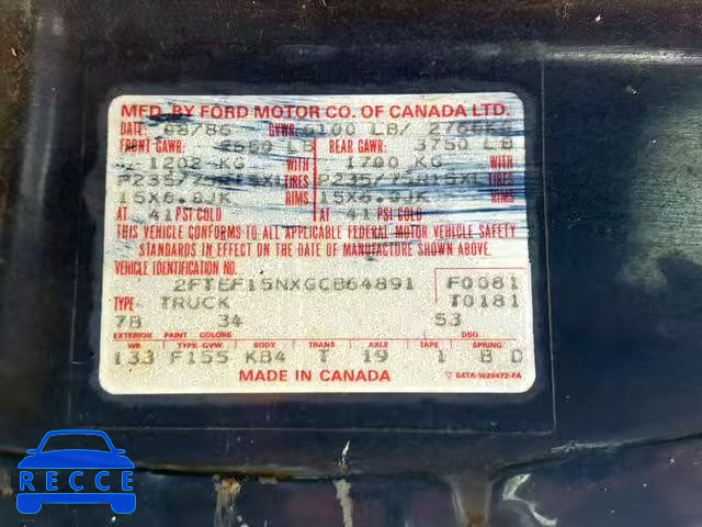 1986 FORD 150 2TFEF15NXGCB64891 Bild 9