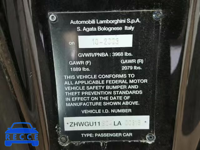 2004 LAMBORGHINI GALLARDO ZHWGU11S24LA00315 image 9