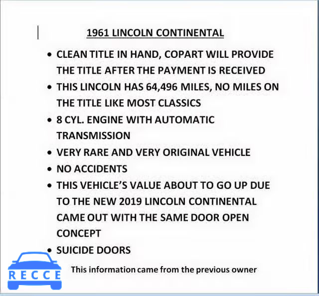 1961 LINCOLN CONTINENTL 1Y82H403238 image 8