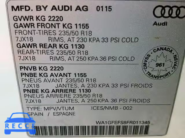 2015 AUDI Q3 PRESTIG WA1GFEFS8FR011345 image 9