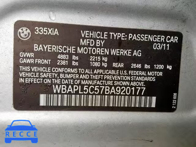 2011 BMW 335 XI WBAPL5C57BA920177 зображення 9