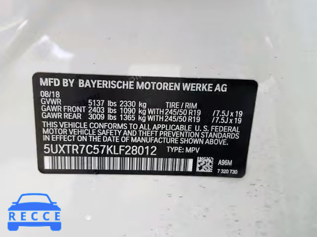 2019 BMW X3 SDRIVE3 5UXTR7C57KLF28012 image 9