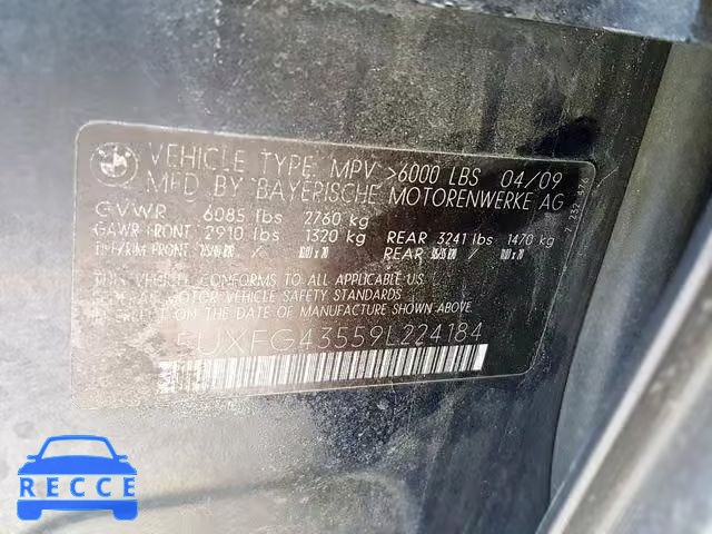 2009 BMW X6 XDRIVE3 5UXFG43559L224184 image 9