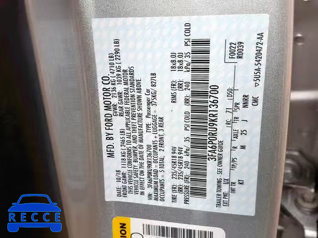 2019 FORD FUSION TIT 3FA6P0RU9KR136700 image 9