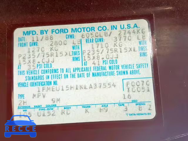 1989 FORD BRONCO U10 1FMEU15H1KLA37554 image 9