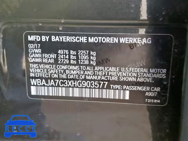 2017 BMW 530 XI WBAJA7C3XHG903577 зображення 9