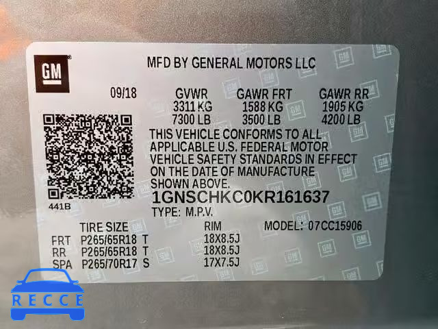 2019 CHEVROLET SUBURBAN C 1GNSCHKC0KR161637 image 9