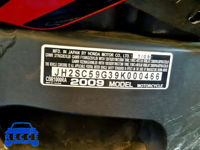 2009 HONDA CBR1000 RR JH2SC59G39K000466 image 9