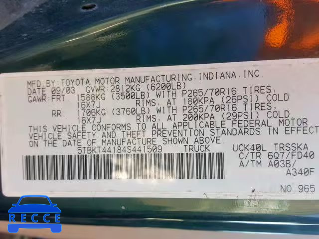 2004 TOYOTA TUNDRA SR5 5TBKT44184S441509 image 9