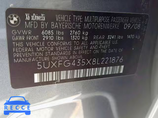 2008 BMW X6 XDRIVE3 5UXFG435X8L221876 image 9