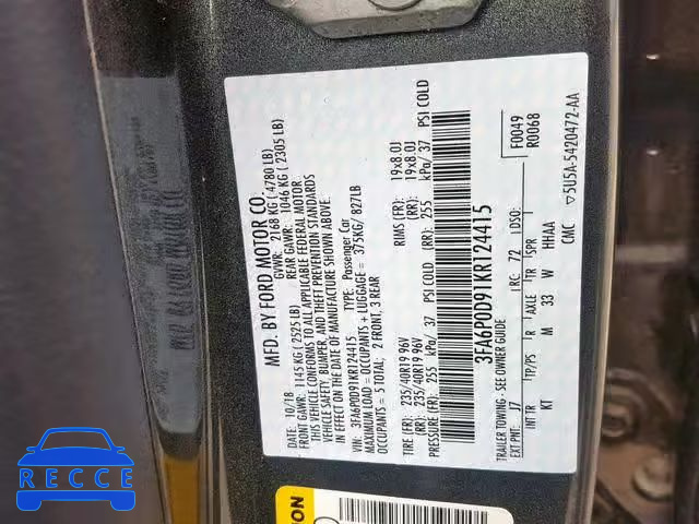 2019 FORD FUSION TIT 3FA6P0D91KR124415 image 9