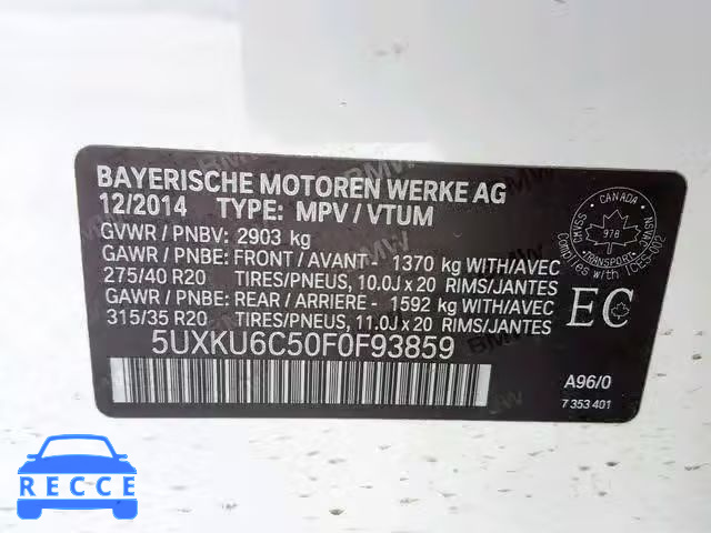 2015 BMW X6 XDRIVE5 5UXKU6C50F0F93859 зображення 9