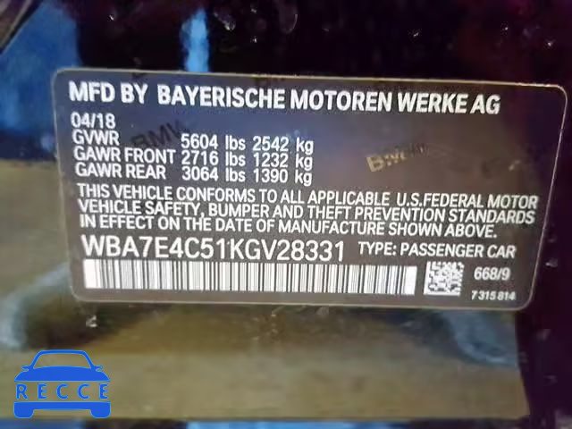 2019 BMW 740 XI WBA7E4C51KGV28331 image 9