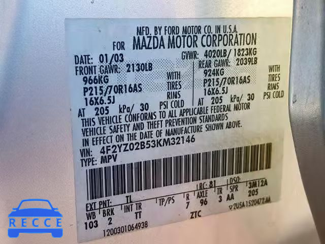 2003 MAZDA TRIBUTE DX 4F2YZ02B53KM32146 image 9