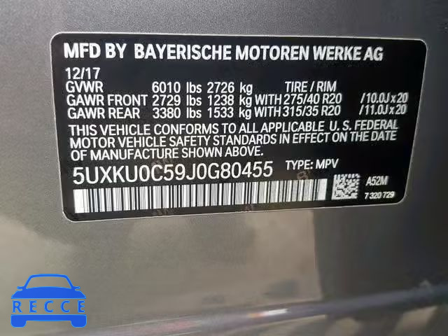 2018 BMW X6 SDRIVE3 5UXKU0C59J0G80455 image 9