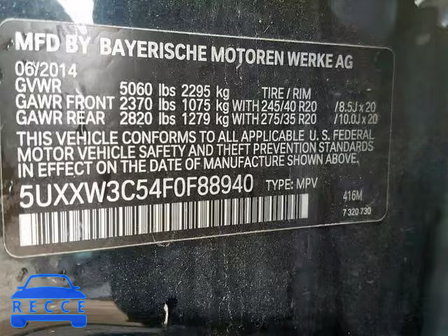 2015 BMW X4 XDRIVE2 5UXXW3C54F0F88940 зображення 9
