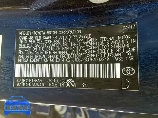 2017 TOYOTA MIRAI JTDBVRBD7HA002249 Bild 9