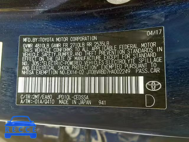 2017 TOYOTA MIRAI JTDBVRBD7HA002249 image 9