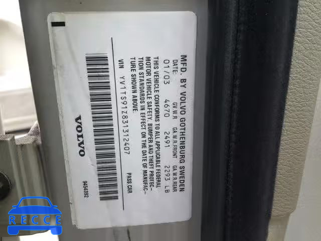 2003 VOLVO S80 T6 TUR YV1TS91Z831312407 зображення 9