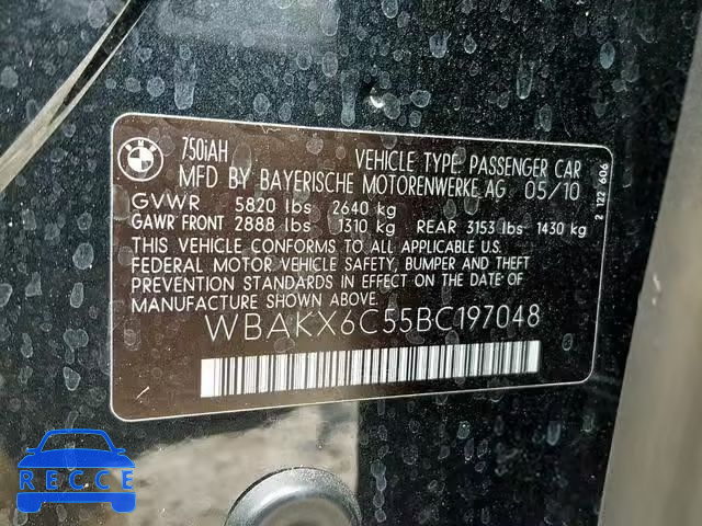 2011 BMW 750 I WBAKX6C55BC197048 зображення 9