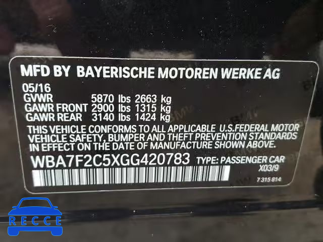 2016 BMW 750 XI WBA7F2C5XGG420783 image 9
