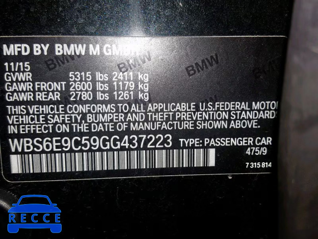 2016 BMW M6 GRAN CO WBS6E9C59GG437223 зображення 9