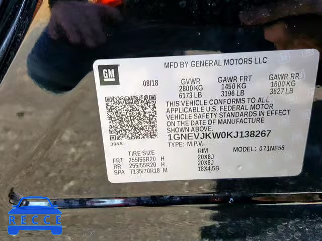 2019 CHEVROLET TRAVERSE P 1GNEVJKW0KJ138267 зображення 9