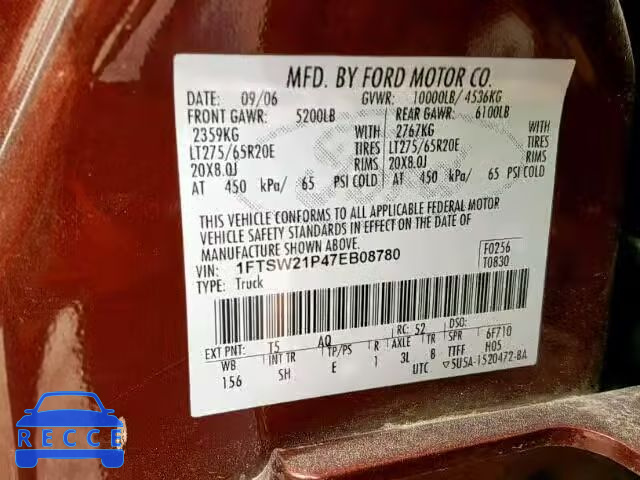 2007 FORD MARINE LOT 1FTSW21P47EB08780 зображення 9