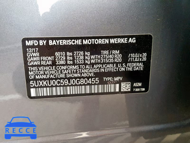 2018 BMW X6 SDRIVE3 5UXKU0C59J0G80455 image 9