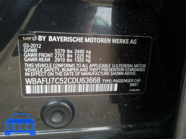 2012 BMW 535 XI WBAFU7C52CDU63668 зображення 9