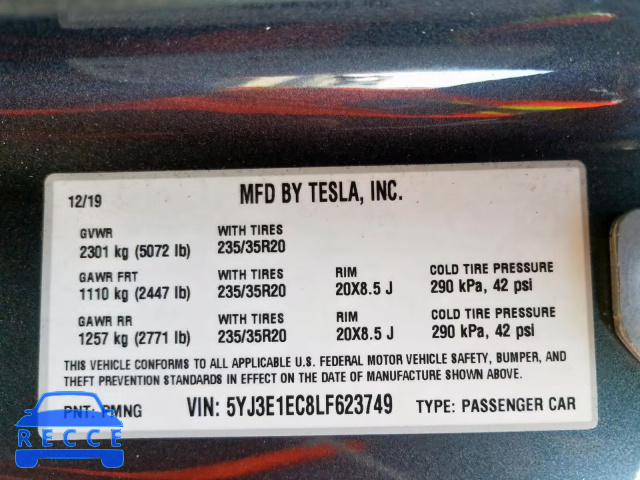 2020 TESLA MODEL 3 5YJ3E1EC8LF623749 зображення 9