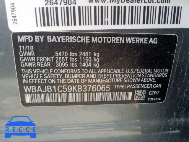 2019 BMW 530XE WBAJB1C59KB376065 image 9