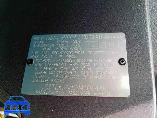 1992 SUZUKI SIDEKICK J JS3TD02V8N4106448 image 9